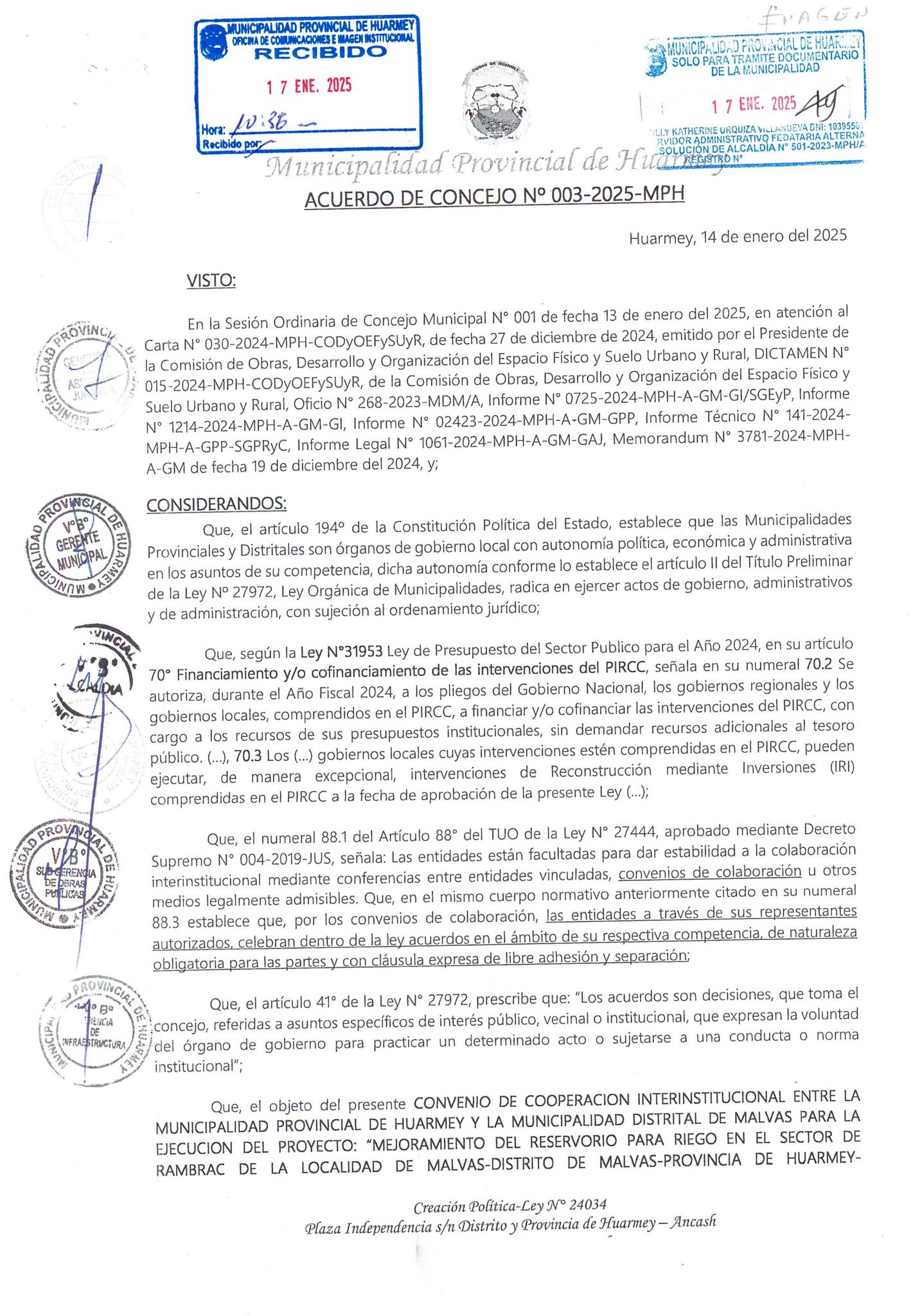 Acuerdo de Concejo Nº 003-2025-MPH