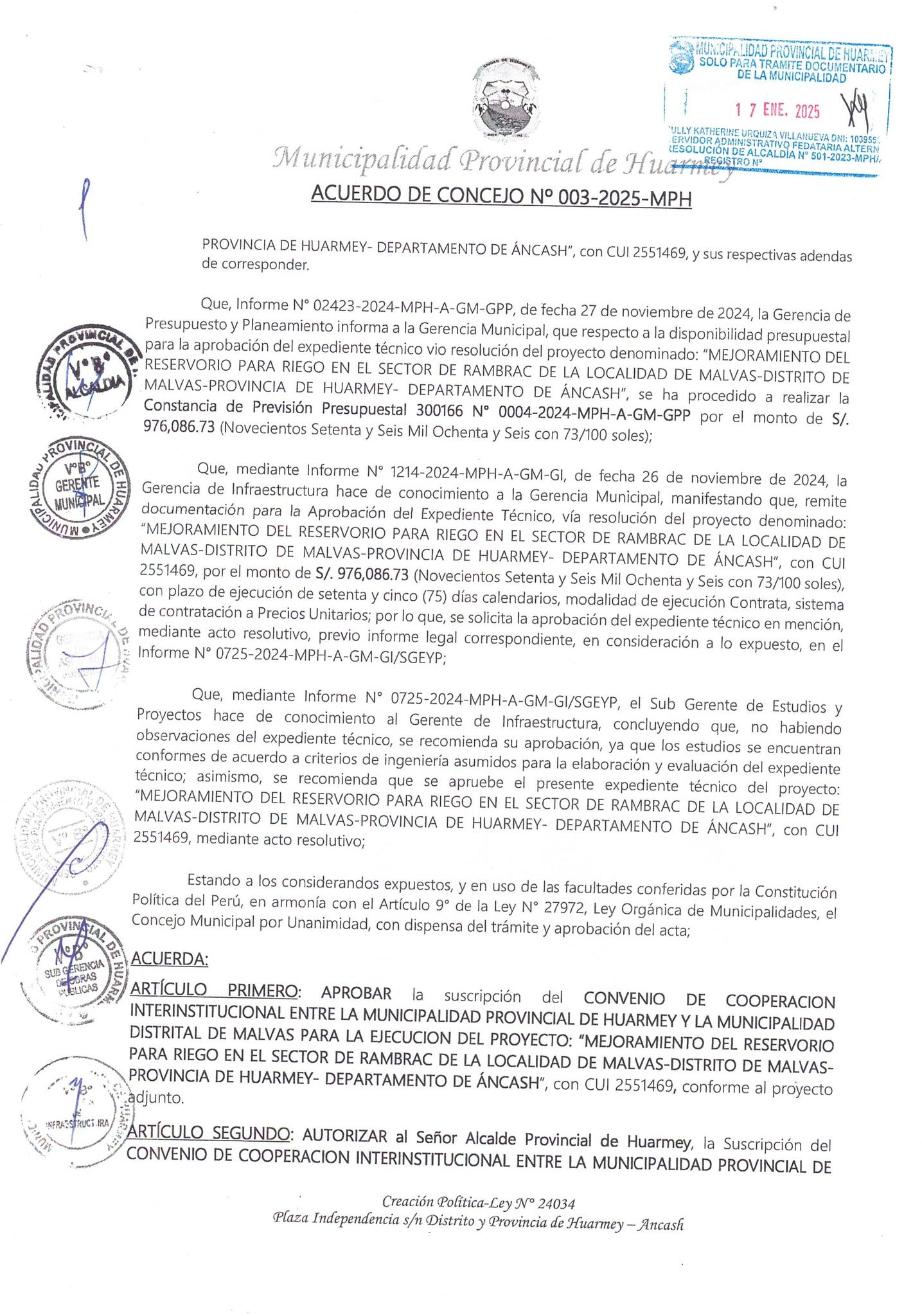 Acuerdo de Concejo Nº 003-2025-MPH