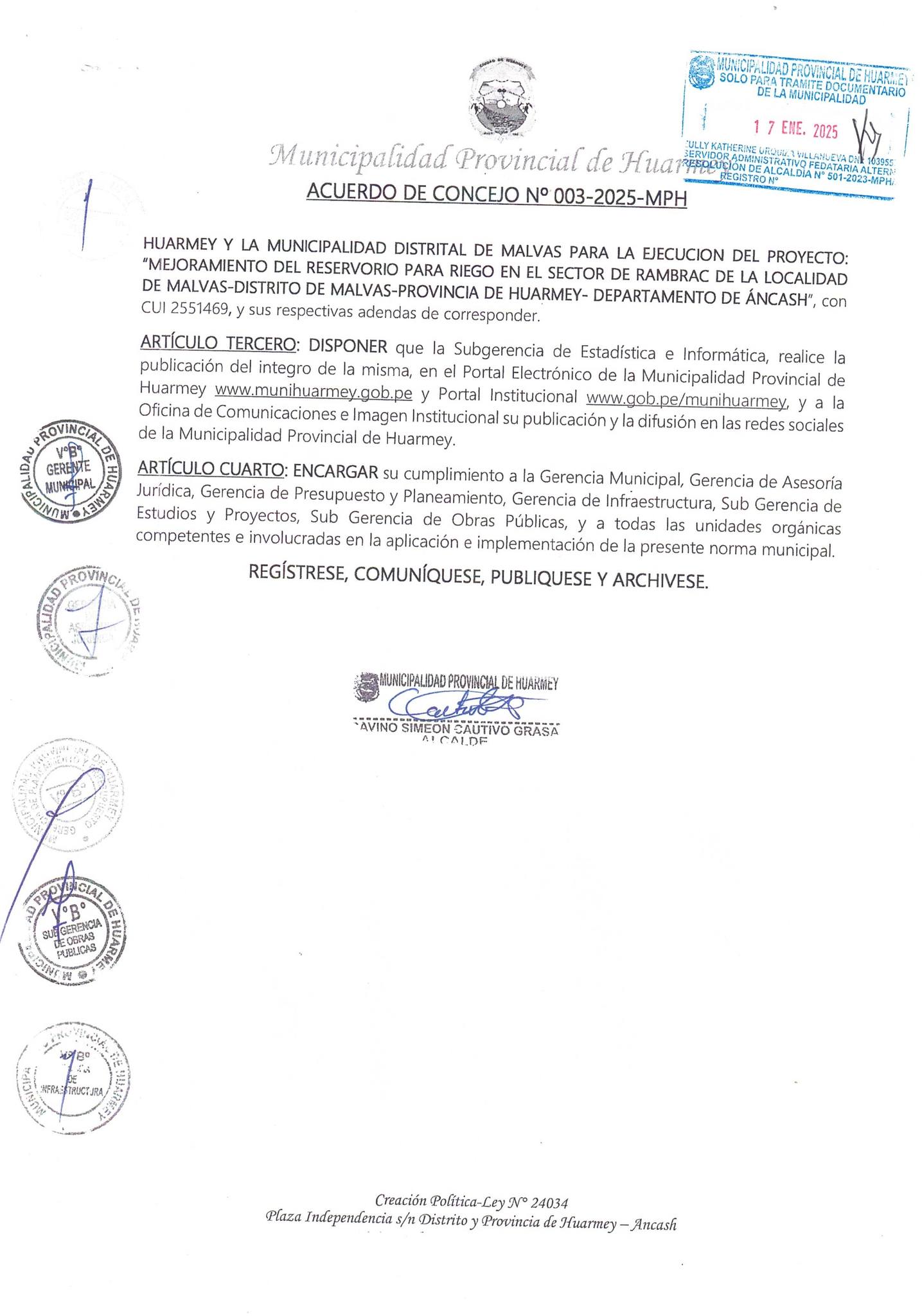 Acuerdo de Concejo Nº 003-2025-MPH