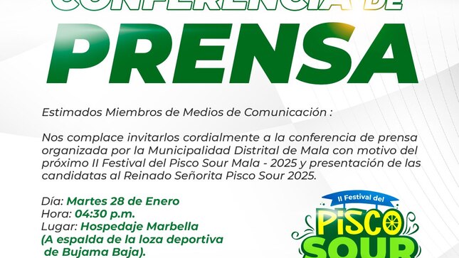 Estimados Miembros de Medios de Comunicación: Nos complace invitarlos cordialmente a la conferencia de prensa organizada por la Municipalidad Distrital de Mala con motivo del próximo II Festival del Pisco Sour Mala - 2025 y presentación de lascandidatas al Reinado Señorita Pisco Sour 2025.
𝙈𝙖𝙡𝙖, 𝙪𝙣𝙖 𝙣𝙪𝙚𝙫𝙖 𝙝𝙞𝙨𝙩𝙤𝙧𝙞𝙖 🌄