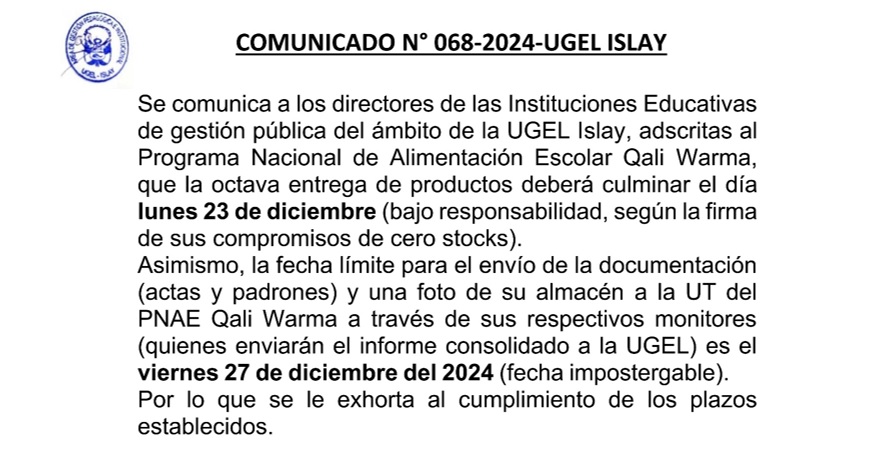 Comunicado N° 068-2024-UGEL ISLAY