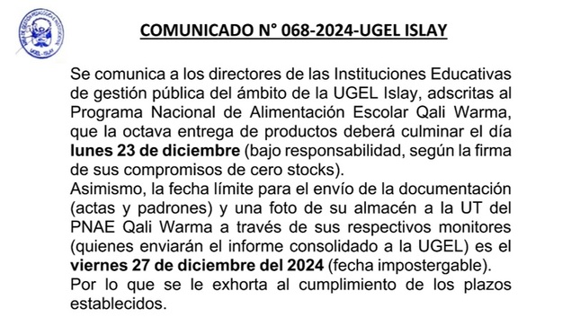 Comunicado N° 068-2024-UGEL ISLAY