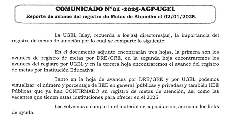 Comunicado Nº 001-2025-AGP-UGEL