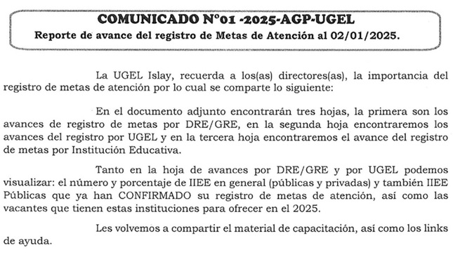 Comunicado Nº 001-2025-AGP-UGEL