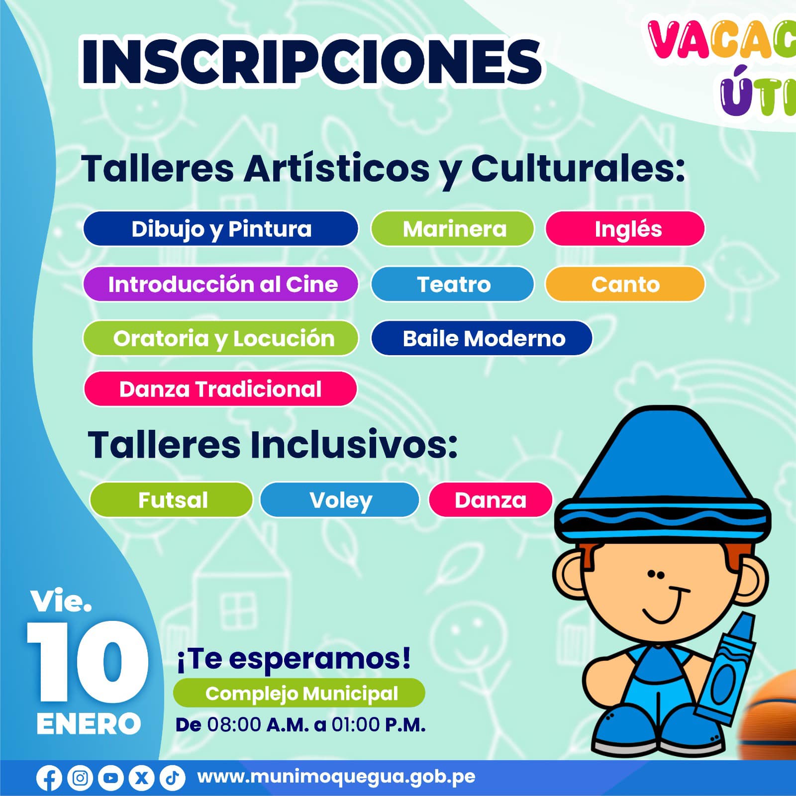 Conoce los talleres artísticos, culturales, deportivos e inclusivos que estarán disponibles en esta nueva edición del programa Vacaciones Útiles 2025, que ofrece la Municipalidad Provincial Mariscal Nieto.