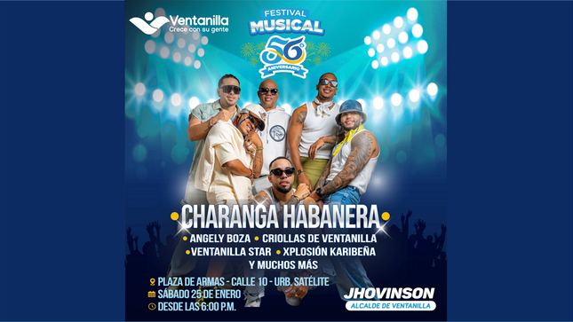 Celebra el aniversario de Ventanilla con una velada musical este 25 de enero desde las 6:00 p.m. en la Plaza de Armas. 🎶🎉