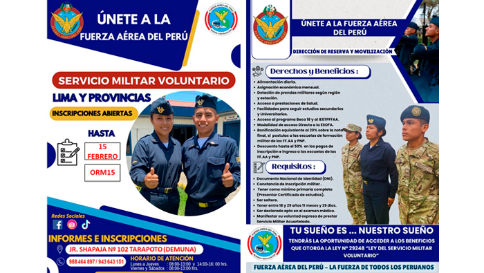 Primer llamamiento 2025 para el servicio militar voluntario en la Fuerza AΓ©rea del PerΓΊ - Tarapoto.