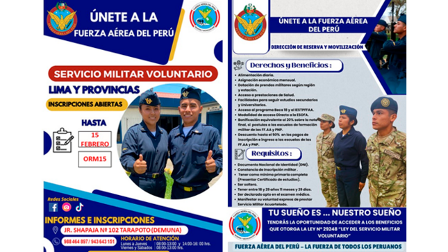 Primer llamamiento 2025 para el servicio militar voluntario en la Fuerza Aérea del Perú - Tarapoto.