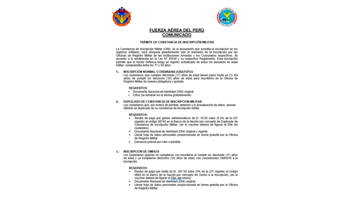 Comunicado de la Fuerza Aérea del Perú.