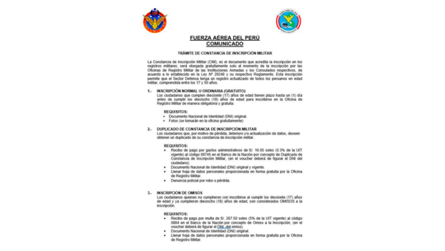Comunicado de la Fuerza Aérea del Perú.