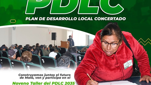  Estimados vecinos, la Municipalidad Distrital de Mala a través de la Oficina General de Planeamiento y Presupuesto invita a la población en general a participar del noveno Taller del Plan de Desarrollo Local Concertado (PDLC).
¡Tu opinión importa!
 Día: Miércoles 22 de enero
 Hora: 05:00 p.m. 
 Lugar: Local Comunal del A.H. Santa Rosa
¡Te esperamos! 
 𝙈𝙖𝙡𝙖, 𝙪𝙣𝙖 𝙣𝙪𝙚𝙫𝙖 𝙝𝙞𝙨𝙩𝙤𝙧𝙞𝙖