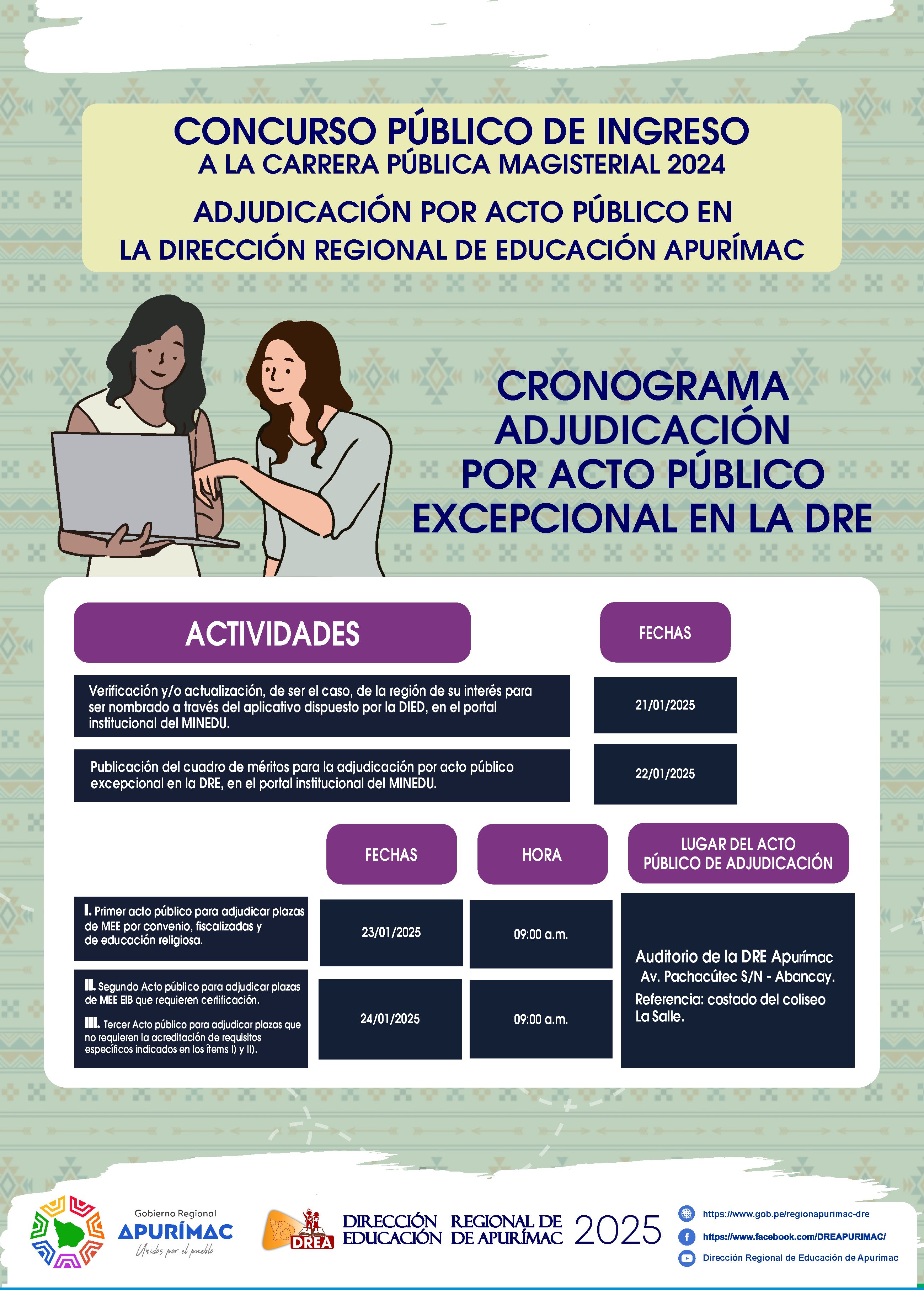 Adjudicación por acto público excepcional en la DIRECCIÓN REGIONAL DE EDUCACIÓN APURÍMAC.
1.- RELACIÓN DE PLAZAS VACANTES PARA LA ADJUDICACIÓN POR ACTO PÚBLICO EXCEPCIONAL EN LA DRE