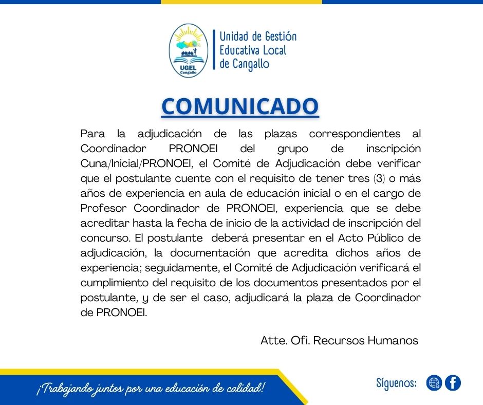 Requisitos para las plazas de coordinador de PRONOEI