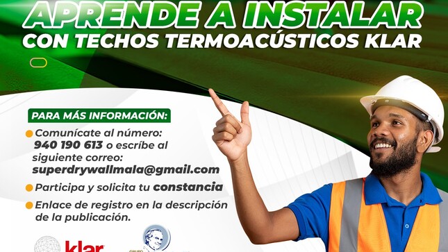 La Municipalidad Distrital de Mala, a través de la Gerencia de Desarrollo Económico y Turismo en coordinación con la Subgerencia de Promoción Empresarial y Autorizaciones, pone a dispocisión la capacitación gratuita "Aprende a Instalar con Techos Termoacústicos Klar", que busca contribuir al desarrollo profesional de los participantes y también promueve el uso de tecnologías más avanzadas y sostenibles en el sector de la construcción.
📅Martes 28 de enero 
⏰Hora: 5:30 p.m. a 8:00 p.m. 
📌Lugar: Av. Antigua Panamericana Sur - Ferretería Juan Pablo II 
Para más información comunicate al: 
✅940 190 613
✅superdrywallmala@gmail.com 
👉🏻Enlace de descripción: 
https://forms.gle/S74yw4vQ1kfCrodQ6
¡Te esperamos!
#𝙈𝙖𝙡𝙖, 𝙪𝙣𝙖 𝙣𝙪𝙚𝙫𝙖 𝙝𝙞𝙨𝙩𝙤𝙧𝙞𝙖 🌄