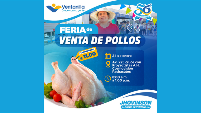 Feria de venta de pollos a bajo costo este 24 de enero en A.H. Cosmovisión Pachacútec. 🐔💰
