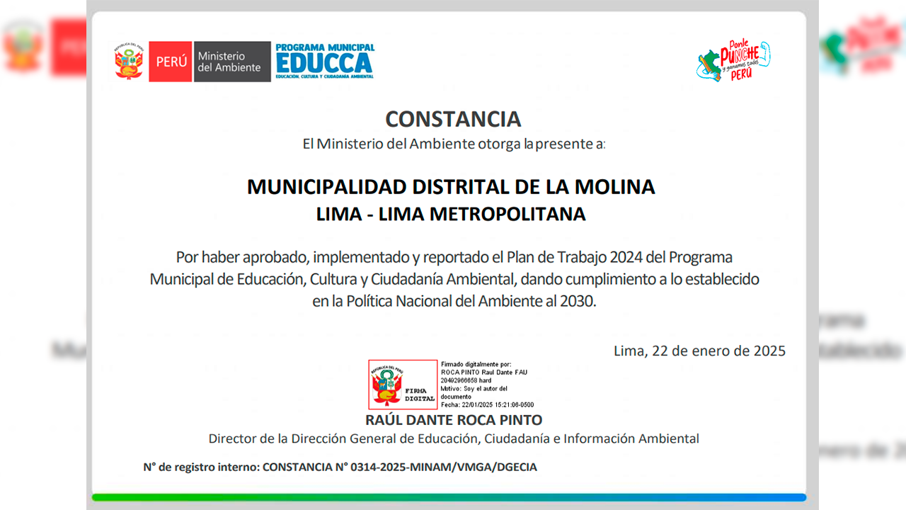 La Molina recibe reconocimiento del Ministerio del Ambiente por implementación del Programa Municipal EDUCCA 2024