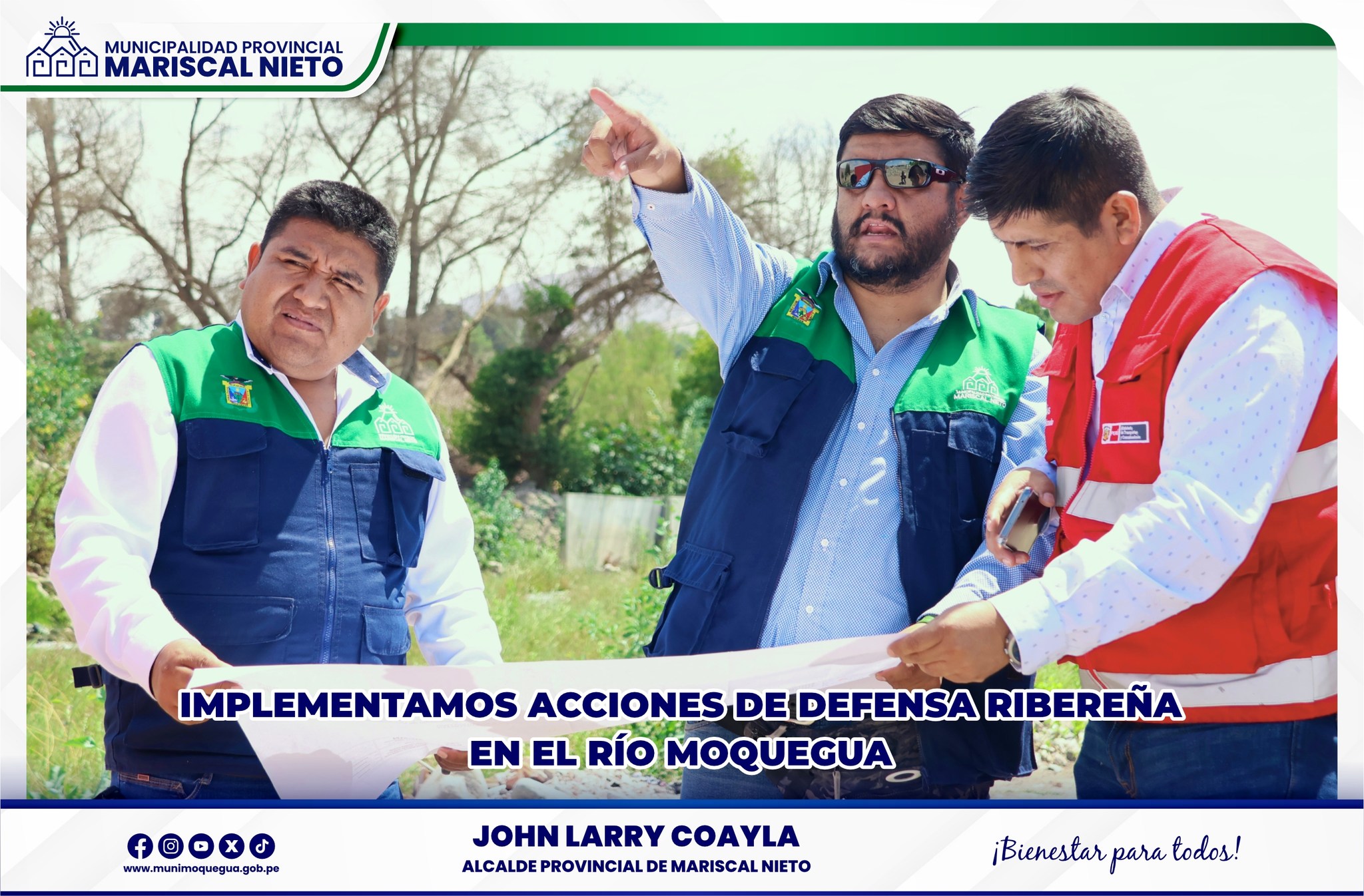 El Gerente de Infraestructura; Ing. Joel Paniagua acompañado del jefe de la Oficina de Coordinación, Elaboración y Ejecución de Fichas de Mantenimiento, Ing. Javier Herrera Berolatti, de la Municipalidad Provincial de Mariscal Nieto y el Ing. Fernando Calahuille, de Provias descentralizado Moquegua realizaron una importante inspección en el sector del malecón ribereño con el objeto de implementar la capacidad de atención de la ficha de mantenimiento formulada por la municipalidad.