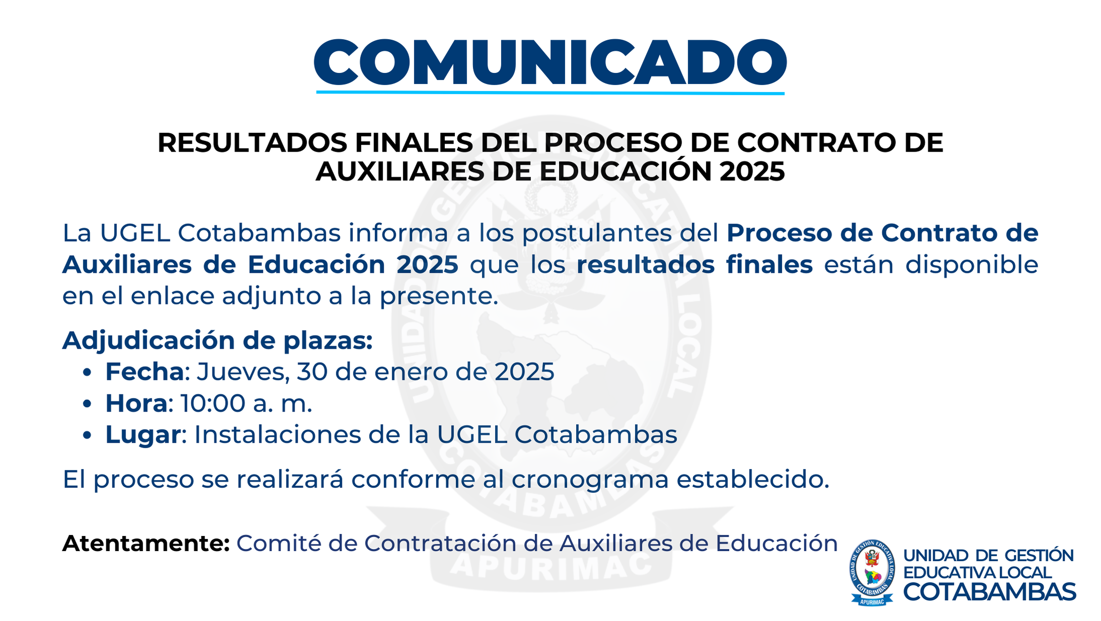 Comunicado resultados finales contrato auxiliares 2025
