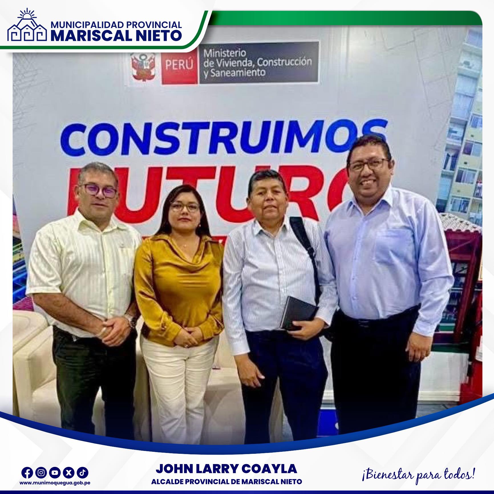 El alcalde de la Municipalidad Provincial de Mariscal Nieto, John Larry Coayla conjuntamente con el alcalde distrital de Samegua, Juan Antonio Eyzaguirre Barrios y la Gobernadora Regional de Moquegua, sostuvieron una reunión clave con el con el ministro de Vivienda, Construcción y Saneamiento, Francisco Durich Whittembury Talledo,