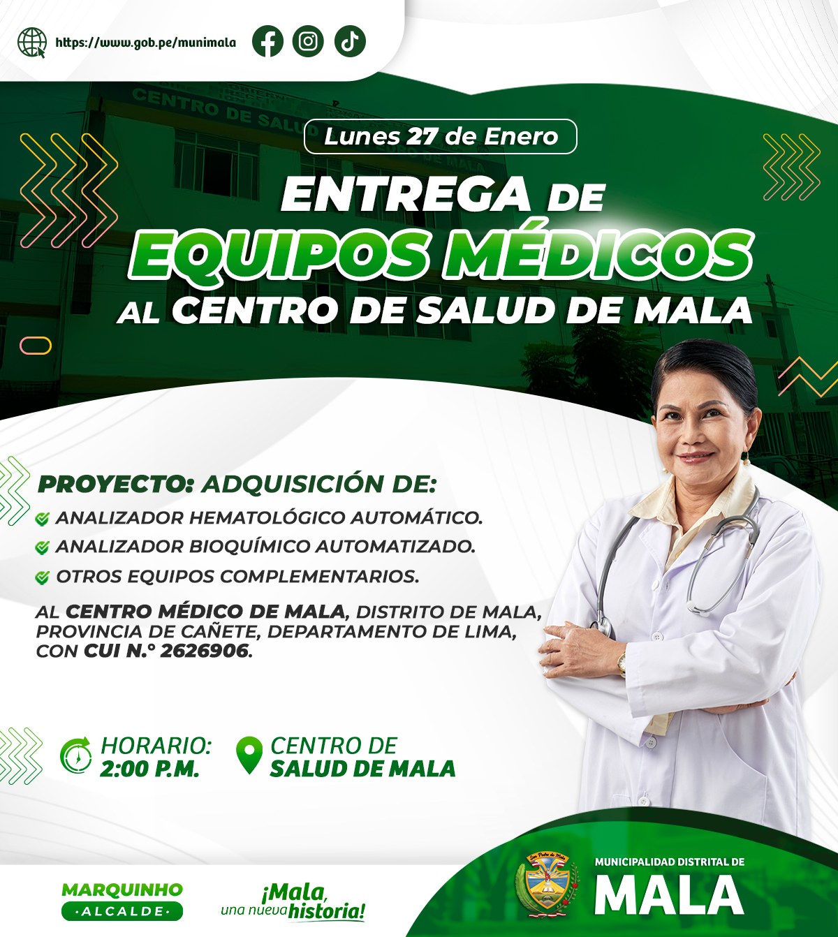 La Municipalidad Distrital de Mala tiene el honor de invitar a toda la comunidad a la ceremonia de entrega de nuevos equipos mรฉdicos al Centro de Salud de Mala, en el marco del proyecto con CUI Nยฐ 2626906. Este significativo evento celebra la adquisiciรณn de tecnologรญa de รบltima generaciรณn, que contribuirรก a mejorar la atenciรณn de salud en nuestro distrito. Los equipos incluyen:
Analizador hematolรณgico automatizado
Analizador bioquรญmico automatizado
Otros equipos complementarios
Fecha: Lunes, 27 de enero
Lugar: Centro de Salud de Mala
Hora: 02:00 p.m.
๐๐๐ก๐, ๐ช๐ฃ๐ ๐ฃ๐ช๐๐ซ๐ ๐๐๐จ๐ฉ๐ค๐ง๐๐