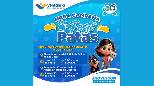 Celebra el 56° aniversario de Ventanilla con “Festi Patas” y servicios veterinarios gratis este 27 y 30 de enero. 🐾🎉