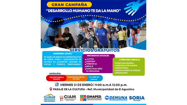 se brindará:
🩺 Atención médica ⚖️ Asesoría legal,
👨👩👧Orientación para la inscripción a los programas sociales
👵👩🦽 Inscripciones a los servicios del Centro Intregral del Adulto Mayor (CIAM) y la Oficina Municipal de Atención a Personas con Discapacidad (Omaped)
💃🏃♀️Inscripción a los talleres de verano.
¡𝗧𝗲 𝗲𝘀𝗽𝗲𝗿𝗮𝗺𝗼𝘀!