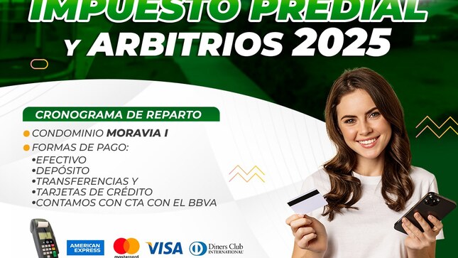 La Municipalidad Distrital de Mala, a través de la Gerencia de Administración Tributaria y en coordinación con la Subgerencia de Orientación, Recaudación y Fiscalización Tributaria, iniciará la campaña de cobranza de Impuesto Predial y Arbitrios 2025.
El cronograma de reparto comenzará en el Condominio Moravia I, por lo que se invita a todos los residentes a sumarse a esta importante campaña.

Formas de Pago
Efectivo

Depósito Bancario

Transferencias Bancarias

Tarjetas de Crédito

También contamos con la opción de pago a través del Banco BBVA.

Sábado 01 febrero
Condominio Moravia I