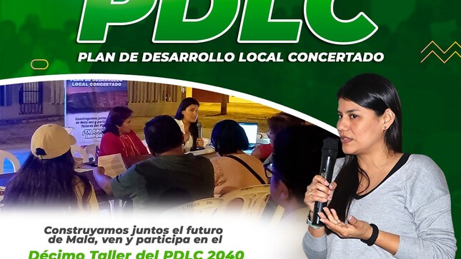 📣 Estimados vecinos, la Municipalidad Distrital de Mala a través de la Oficina General de Planeamiento y Presupuesto invita a la población en general a participar del décimo Taller del Plan de Desarrollo Local Concertado (PDLC).
☝️¡Tu opinión importa!
🗓️ Día: Miércoles 5 de febrero
🕞 Hora: 05:00 p.m. 
📍 Lugar: Auditorio Casa de la Cultura
¡Te esperamos! 🙋🏻‍♀️🙋🏻‍♂️
🌄 𝙈𝙖𝙡𝙖, 𝙪𝙣𝙖 𝙣𝙪𝙚𝙫𝙖 𝙝𝙞𝙨𝙩𝙤𝙧𝙞𝙖
