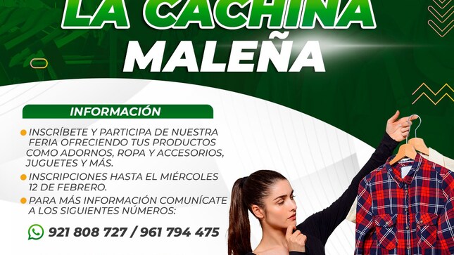 📢Estimados vecinos maleños,🌟 no te puedes perder la "La Cachina Maleña",si tienes un espíritu emprendedor te invitamos a participar en nuestra feria. Inscríbete y asegura tu lugar. ¡Podrás vender todo tipo de artículos de segunda mano, como ropa, accesorios, calzado y mucho más! 
✅Mayor información en el flyer compartido.
👉🏻 Inscripciones al: 921 808 727 - 961 794 475 
🟠Fecha de la Feria:
📅 Fecha: Sábado 15 de febrero 
📌 Lugar: Plaza de Armas de Mala 
⏰ Horario: de 08:00 a.m. hasta las 05:00 p.m.
#𝙈𝙖𝙡𝙖, 𝙪𝙣𝙖 𝙣𝙪𝙚𝙫𝙖 𝙝𝙞𝙨𝙩𝙤𝙧𝙞𝙖 🌄