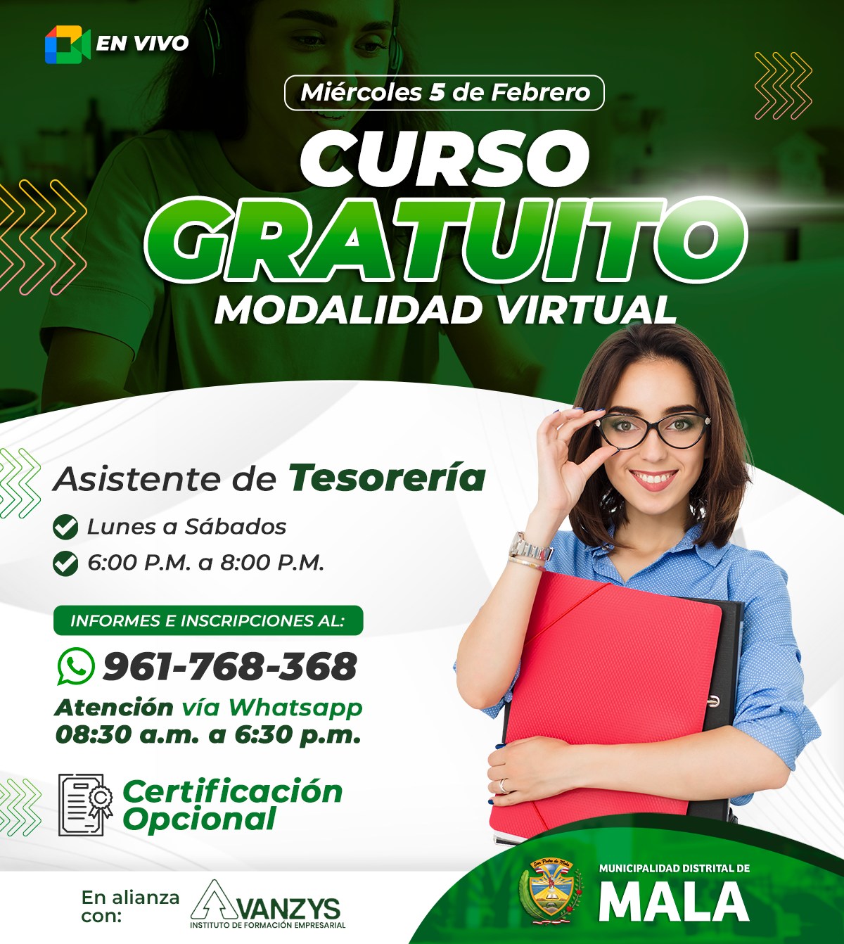 ✍️ La Municipalidad de MALA , en coordinación con el Instituto de Formación Empresarial Avanzys te invita a participar en nuestro curso gratuito:
➡️ INSCRÍBETE AQUÍ: https://forms.gle/SvbGbCuTKpJhCkqj6
🗓️ INICIO: 05 de febrero
🕰️ Duración: 6 sesiones
👨🏻💻 Clases 100% online en vivo a través de meet.
🕐 Horario: Mier-Juev-Vier-Sab-Lun-Mar / 06:00 pm a 8:00 pm
📚 Curso gratuito, con certificación opcional.🔰
🩵 Participa Ya!! #EnAvanzysCreceSinLímites