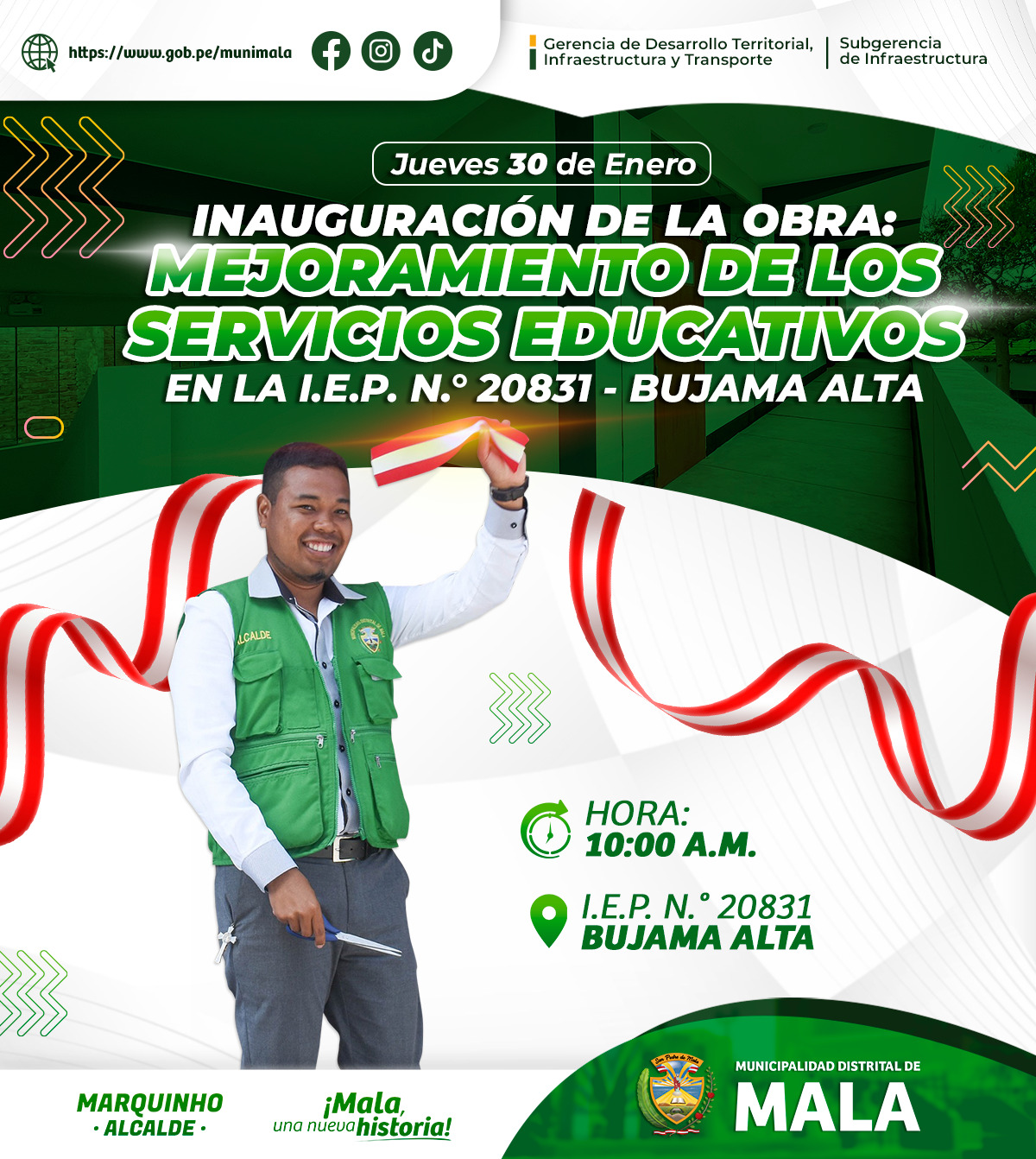 🔔 ¡Estimados vecinos de Mala! La Municipalidad Distrital de Mala tiene el honor de invitarlos a la ceremonia de inauguración de una importante obra que beneficiará a la educación de nuestro distrito.
📅Fecha: Jueves 30 de enero de 2025
🕙 Hora: 10:00 a.m.
📌Lugar: I.E.P. N.° 20831 - Bujama Alta
¡Los esperamos! 🙋♂🙋♀
𝙈𝙖𝙡𝙖, 𝙪𝙣𝙖 𝙣𝙪𝙚𝙫𝙖 𝙝𝙞𝙨𝙩𝙤𝙧𝙞𝙖 🌄
