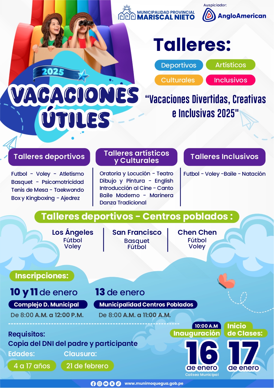 La Municipalidad Provincial Mariscal Nieto junto a la empresa AngloAmerican Quellaveco, ofrece una amplia gama de talleres dirigidos a niños y jóvenes de 4 a 17 años.