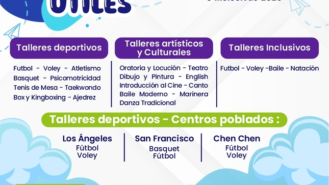 La Municipalidad Provincial Mariscal Nieto junto a la empresa AngloAmerican Quellaveco, ofrece una amplia gama de talleres dirigidos a niños y jóvenes de 4 a 17 años.