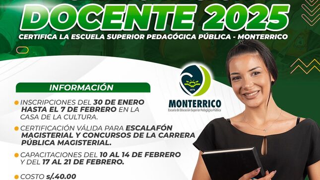 La Municipalidad Distrital de Mala a través de la Gerencia de Desarrollo Social en coordinación con la Subgerencia de Educación, Cultura y Deporte pone a disposición la Capacitación de Docentes 2025 certificada por la Escuela Superior Pedagógica Pública Monterrico.
Inscripciones:
 ​Del 30 de enero hasta el 7 de febrero - Casa de la Cultura 
  Certificación válida para Escalafón Magisterial y Concurso de la Carrera Pública Magisterial.
​Capacitaciones del 10 al 14 de febrero y del 17 al 21 de febrero.
​ Costo s/. 40.00
Inicio: 10 de febrero 
Horario: Lunes a Viernes
Hora: 2:00 p.m. a 7:00 p.m. 
¡No te lo pierdas!
𝙈𝙖𝙡𝙖, 𝙪𝙣𝙖 𝙣𝙪𝙚𝙫𝙖 𝙝𝙞𝙨𝙩𝙤𝙧𝙞𝙖