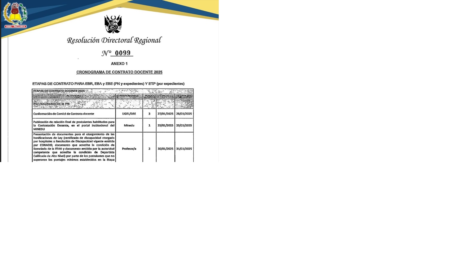 Imagen representativa de Resolución Directoral de cronograma contrato docente 2025