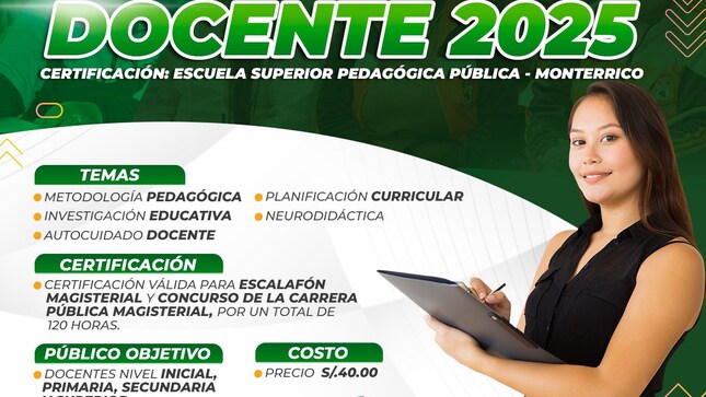 La Municipalidad Distrital de Mala, a través de la Gerencia de Desarrollo Social y en coordinación con la Subgerencia de Educación, Cultura y Deporte, presenta la Capacitación Docente 2025, con certificación de la Escuela Superior Pedagógica Pública Monterrico.
✅Temas:
✔  Metodología Pedagógica
✔  investigación Educativa
✔  Autocuidado Docente
✔  Planificación Curricular
✔  Neurodidáctica
✅ ​Público Objetivo
✔  Docentes del nivel inicial, primaria, secundaria y superior
✅​ Costo s/. 40.00
✅Inscripciones:
✔ ​Hasta el 7 de febrero - Casa de la Cultura 
🔴Inicio: 10 de febrero 
📅Horario: Lunes a Viernes
📌Lugar: I.E. de Acción Conjunta Apóstol San Pedro
🕛Hora: 3:00 p.m. a 7:00 p.m. 
¡No te pierdas esta oportunidad!
𝙈𝙖𝙡𝙖, 𝙪𝙣𝙖 𝙣𝙪𝙚𝙫𝙖 𝙝𝙞𝙨𝙩𝙤𝙧𝙞𝙖 🌄