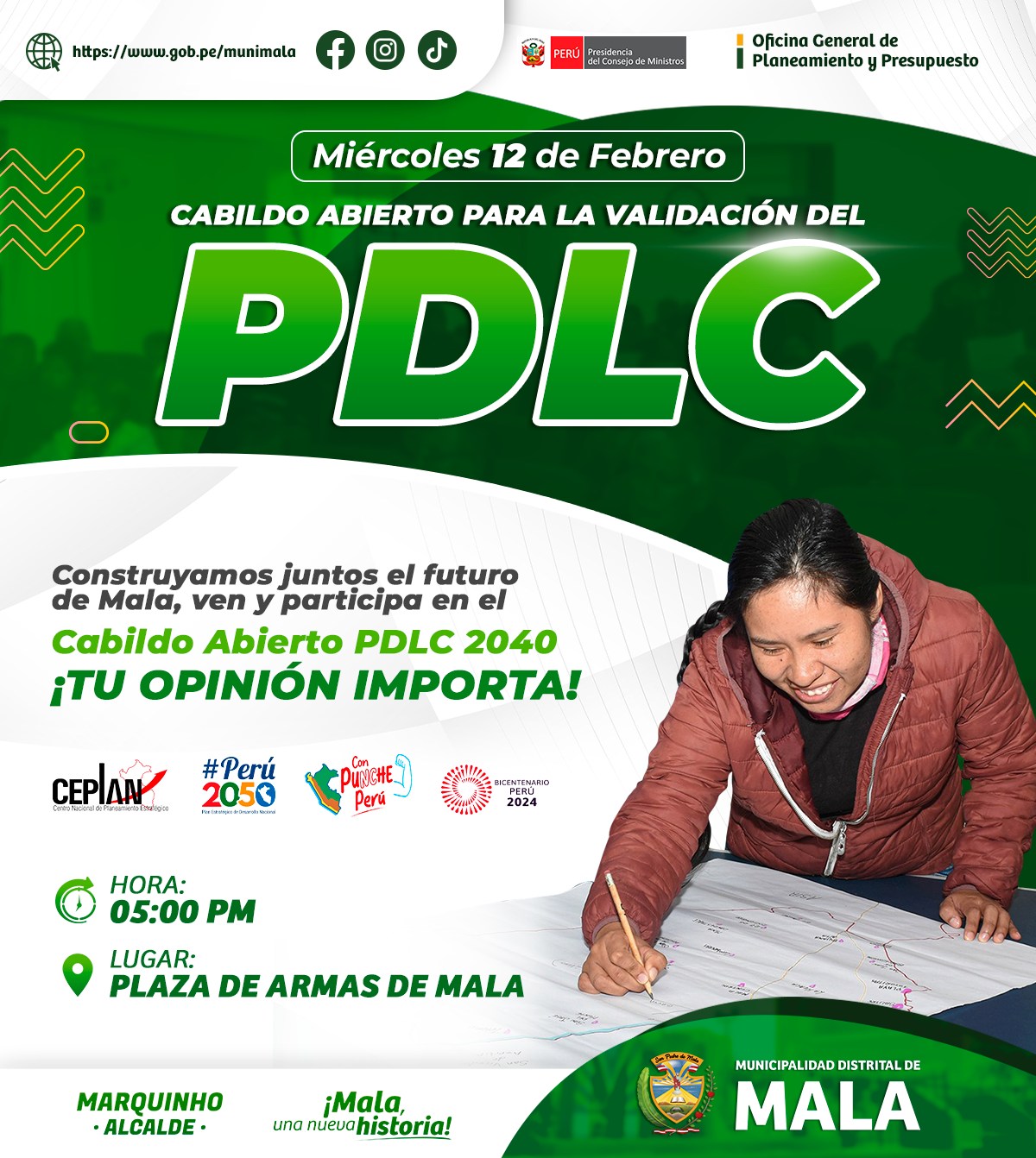 📣 Estimados vecinos, la Municipalidad Distrital de Mala a través de la Oficina General de Planeamiento y Presupuesto invita a la población en general a participar del próximo Cabildo Abierto para la Validación del PDLC 2040.
☝️¡Tu opinión importa!
🗓️ Día: Miércoles 12 de febrero
🕞 Hora: 05:00 p.m.
📍 Lugar: Plaza de Armas de Mala
¡Te esperamos! 🙋🏻♀️🙋🏻♂️
🌄 𝙈𝙖𝙡𝙖, 𝙪𝙣𝙖 𝙣𝙪𝙚𝙫𝙖 𝙝𝙞𝙨𝙩𝙤𝙧𝙞𝙖