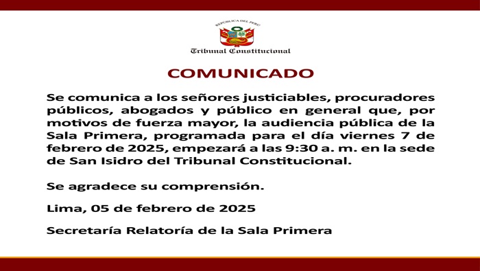 La audiencia pública de la Sala primera, programada para el día viernes 7 de febrero de 2025, empezará a las 9:30 a. m.