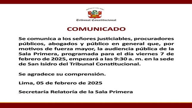 La audiencia pública de la Sala primera, programada para el día viernes 7 de febrero de 2025, empezará a las 9:30 a. m.