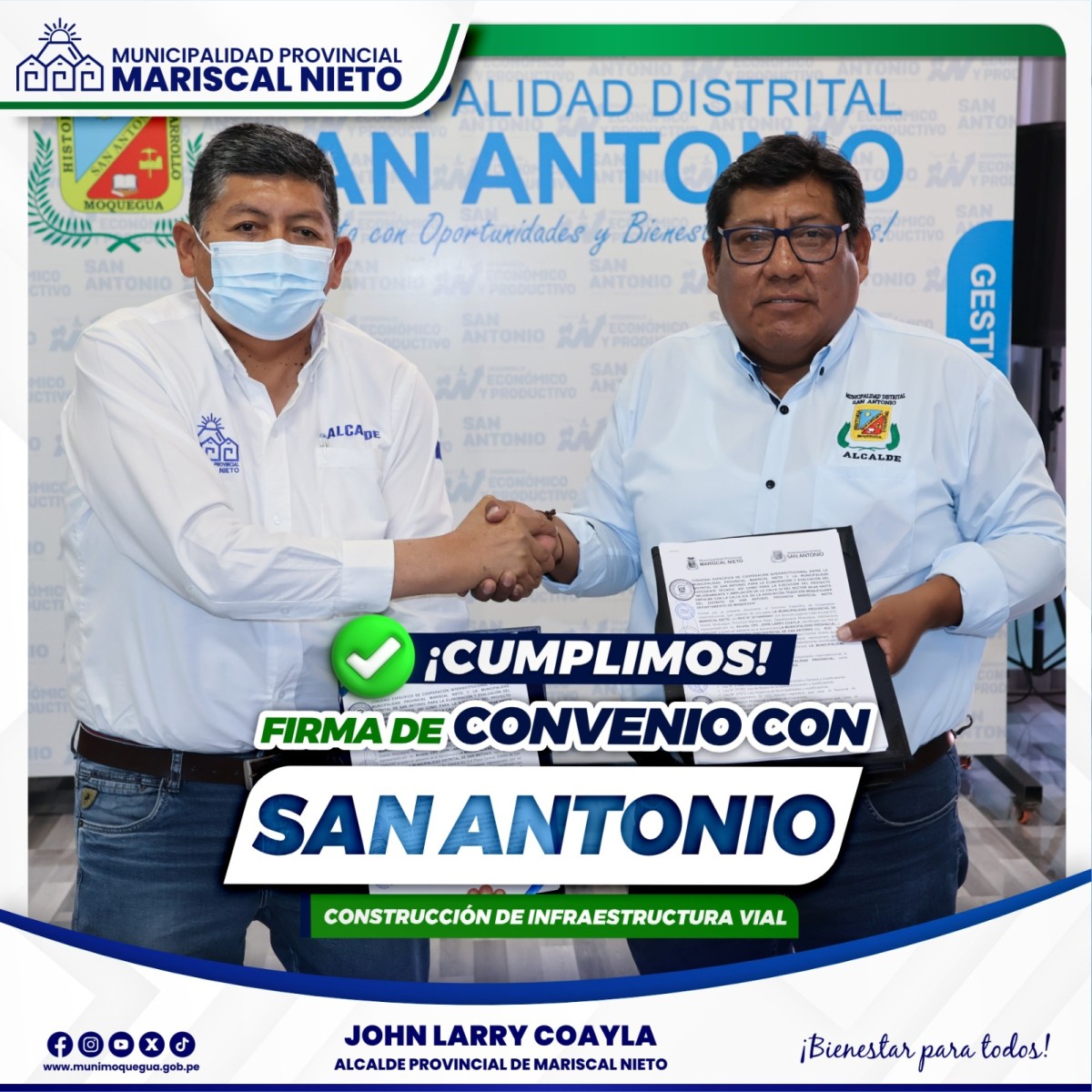 La Municipalidad Provincial de Mariscal Nieto y la Municipalidad Distrital de San Antonio firmó un trascendental convenio.