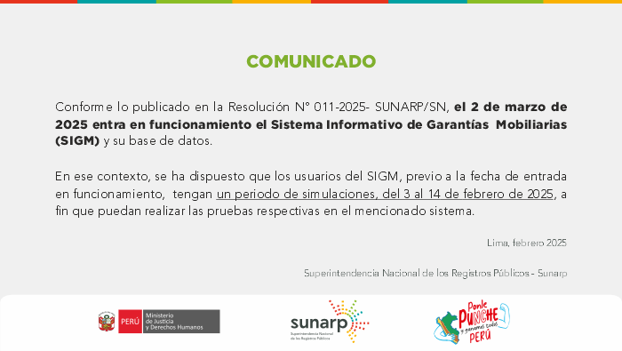 Foto de Comunicado de Periodo de simulaciones en el Sistema Informativo de Garantías Mobiliarias - SIGM