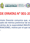 Vista preliminar de documento FE DE ERRATAS 001-2025 CUADRO DE MÉRITOS PRELIMINAR - RESULTADOS DE LA PN - SE CORRIGE LA COLUMNA "OBSERVACIONES" EN EL CUADRO DE MERITOS DE LA ESPECIALIDAD DE INGLÉS