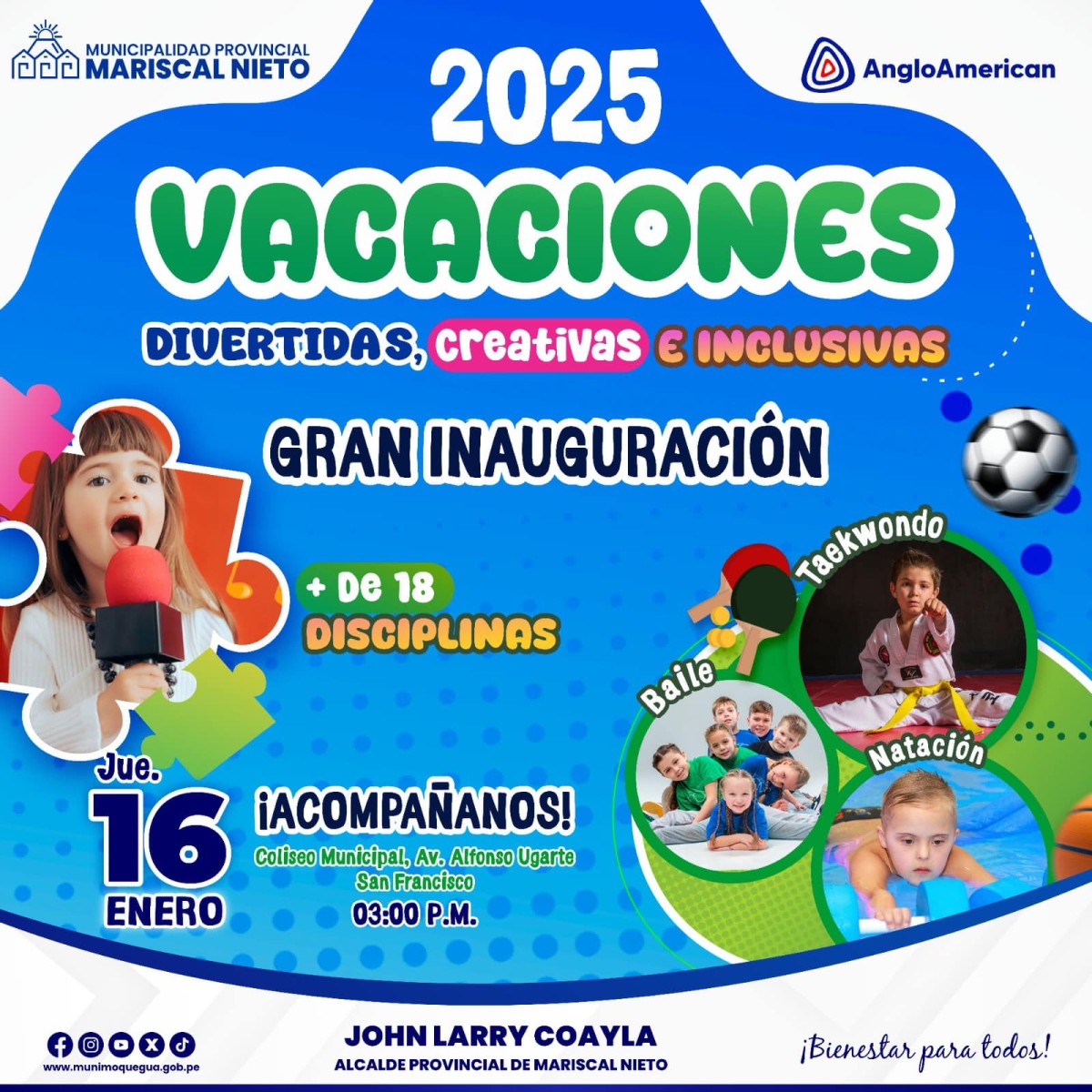 La Municipalidad Provincial Mariscal Nieto tiene el placer de invitar a toda la población a la Gran Inauguración del programa de vacaciones útiles 2025.