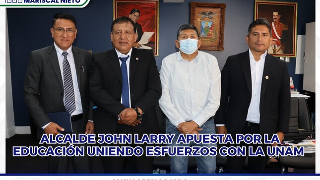 En un acto que refuerza el compromiso con el desarrollo de la educación, el alcalde provincial de Mariscal Nieto, John Larry, recibió la visita del primer Rector de la Universidad Nacional de Moquegua, Dr. Hugo Rubén Marca Maquera, acompañado por el Dr. Alejandro Manuel Ecos Espino, Vicerrector Académico, y el Dr. Jhony Mayta Hancco, Vicerrector de Investigación.