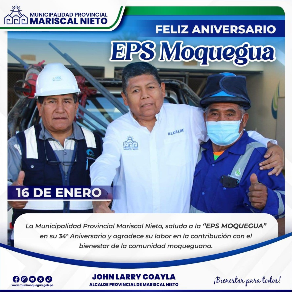 La Municipalidad Provincial Mariscal Nieto, saluda a la EPS MOQUEGUA en su 34 aniversario y agradece su labor y compromiso.