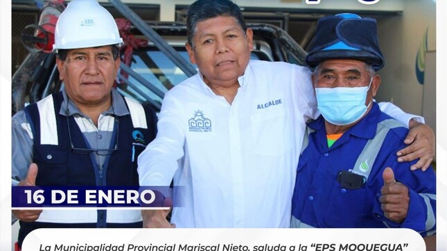 La Municipalidad Provincial Mariscal Nieto, saluda a la EPS MOQUEGUA en su 34 aniversario y agradece su labor y compromiso.