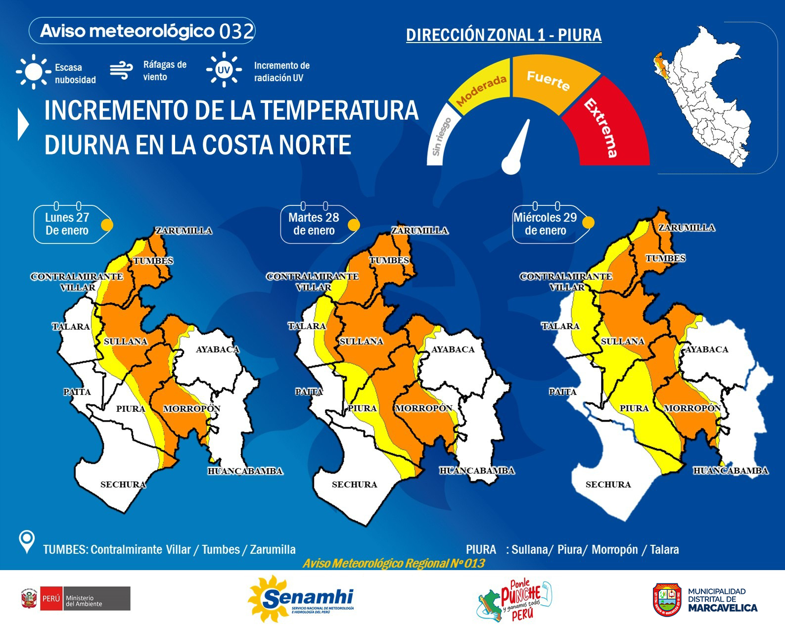 Coed Marcavelica informa sobre aviso meteorológico n°32 del Senamhi