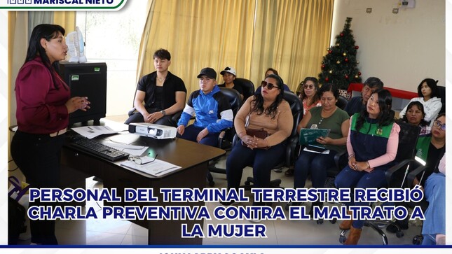 El personal del Terminal Terrestre de Moquegua participó recientemente en una charla preventiva sobre el maltrato a la mujer, organizada por la Municipalidad Provincial de Mariscal Nieto a través de la Jefatura del Terminal Terrestre.