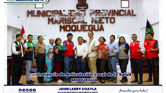 En el auditorio de la Municipalidad Provincial Mariscal Nieto se llevó a cabo la reunión de los integrantes de la Instancia de Articulación Local de Salud, conformada por representantes del Ministerio de Desarrollo e Inclusión Social (MIDIS), el programa CunaMás, la UGEL Mariscal Nieto, la Policía Nacional del Perú, así como los Colegios Profesionales de Obstetricias, Enfermeras y Nutricionistas.