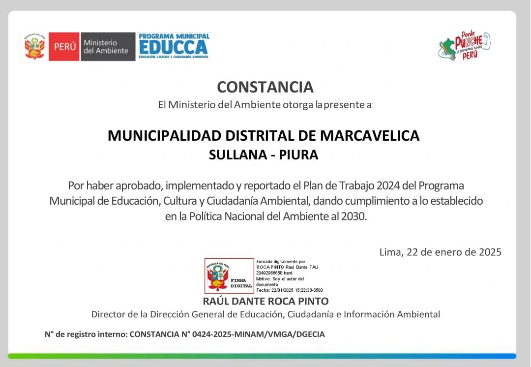 Municipalidad distrital de Marcavelica recibe reconocimiento por su compromiso ambiental